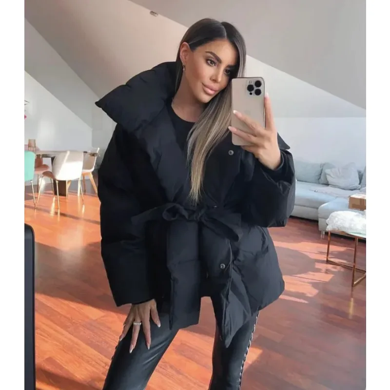 European American Women's Warm Waist-cinching Long-sleeved Loose-fitting Solid-color Fashion Autumn Winter Cotton-padded Clothes