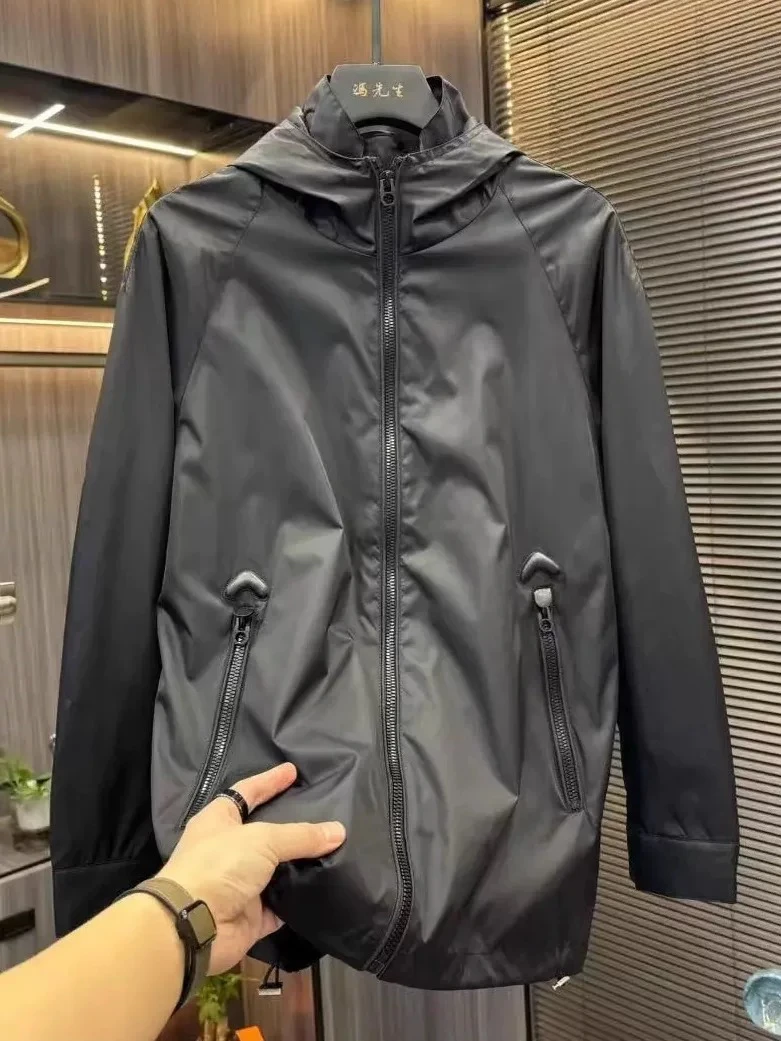 

Spring Autumn New Men's Color Blo Casual Hooded Mid-Length Jaet Coat Faionable Youth Outerwear Antibacterial