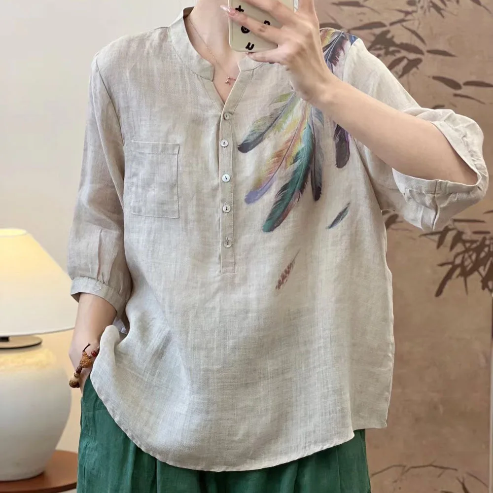 New Summer Ramie 3/4 Sleeve Shirt Stand Neck Feather Printing Top Girl Sweet Fashion Casual Loose Blouse 2024 Autumn T46257QM