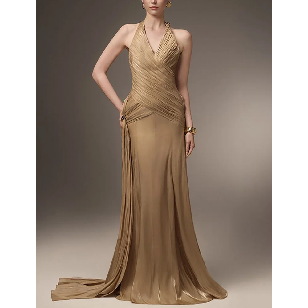 

Модные плиссированные вечерние платья с лямкой на шее для женщин, без рукавов крест-накрест, длиной до пола, платье русалки для выпускного вечера, пышное вечернее платье