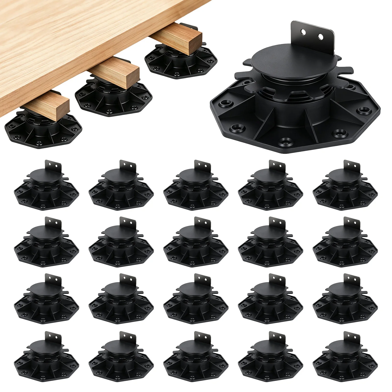 24Pcs Adjustable Deck Support Pedestals Plastic UV Resistant Raising Base with Swift Drainage for Bridging Height Difference Outdoor Deck