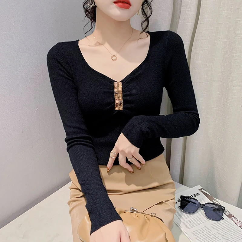 MadBlack European Clothes Sweater Women V Necks Rhinestone Slim Knit Top Long Sleeve Elastic Tshirts Autumn Spring T38061JM