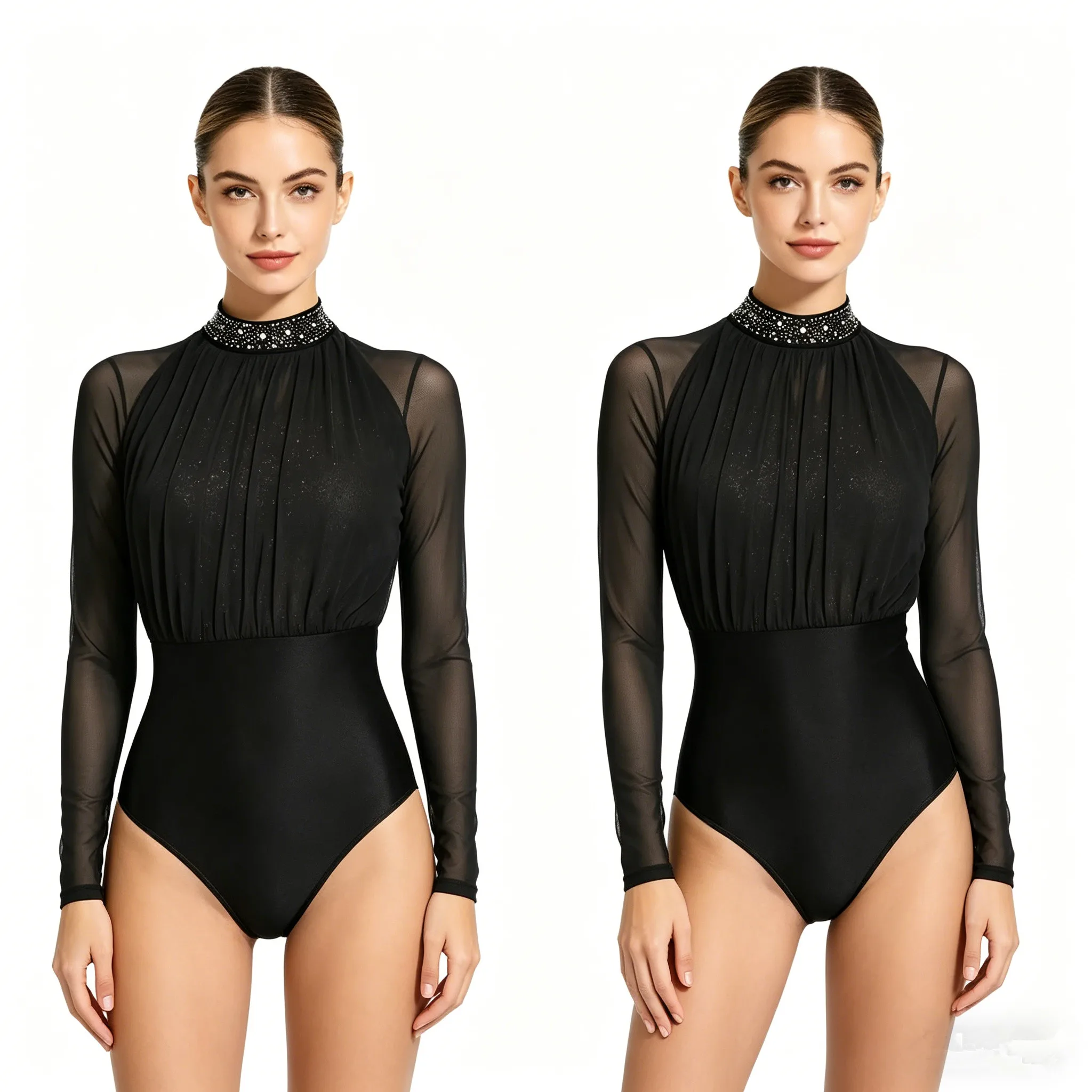 女性ラテンダンスボディスーツフィギュアスケート体操バレエチャチャサンバダンスウェア長袖スパンコールラインストーンメッシュレオタード