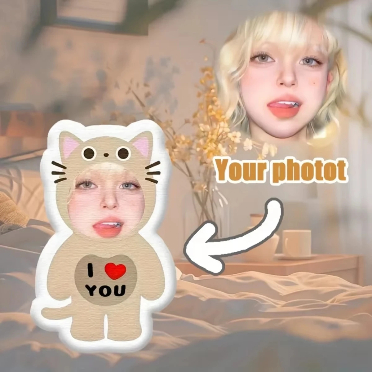 Personalized Photo Plush Pillow - Custom Beige Cat-Shaped Gift with Your Photo, a Must-Have Gift for