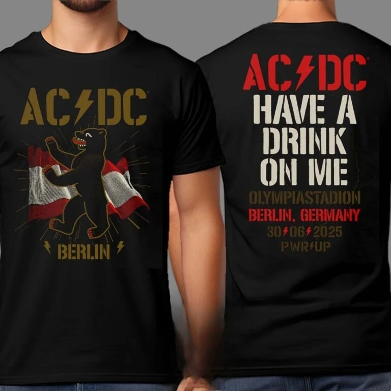 تي شيرت AC DC PWR UP Australia Tour 2025 للبضائع مع قائمة التواريخ لشهر نوفمبر وديسمبر تي شيرت مطبوع على الوجهين للجنسين