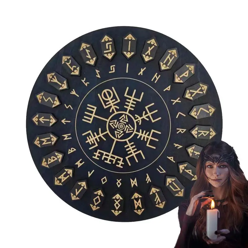 Rune per divinazione in legno 25 pezzi Rune artigianali per streghe in legno con disco Forniture per streghe multifunzionali Strumenti decorativi per artigianato