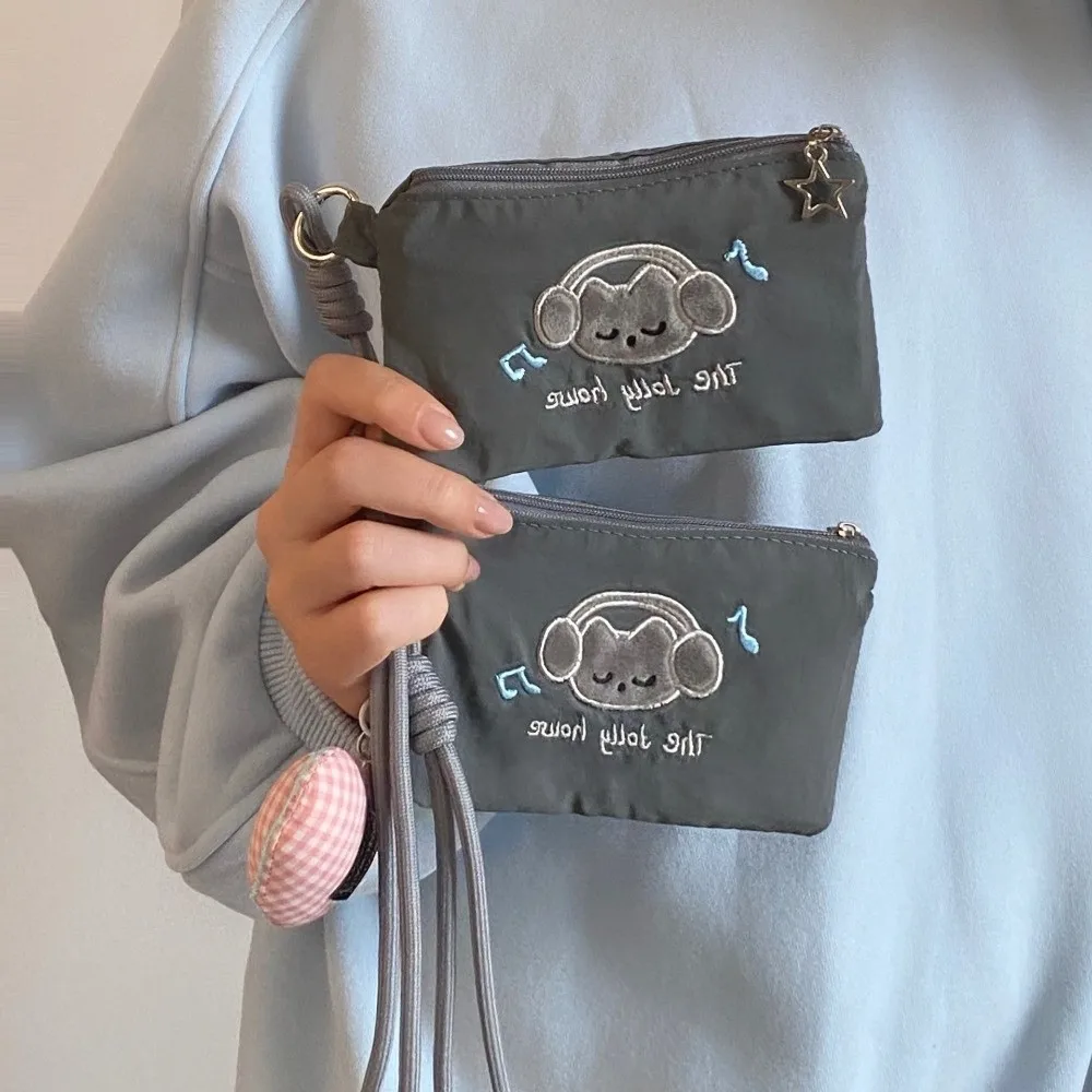 

Cartoon Cat Neck Hanging Card Holder Double Layer Nylon Transparent Itabag Portable Zipper ID/earphone Storage Bag