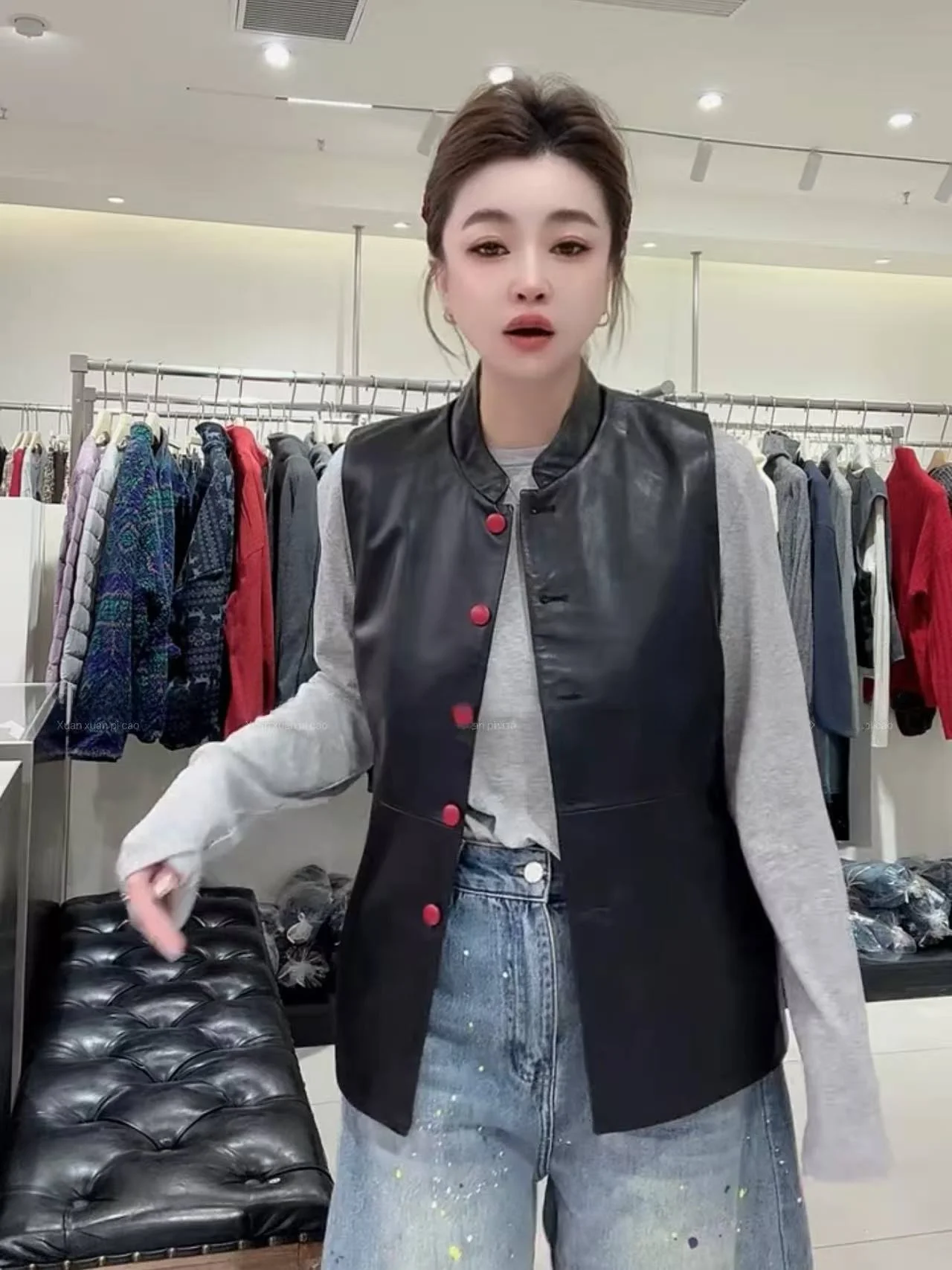 

2025 New Women's Genuine eepskin Leather Vest ort Svel Jaet Slimming Versatile Trendy Commute Sle Autumn Faion