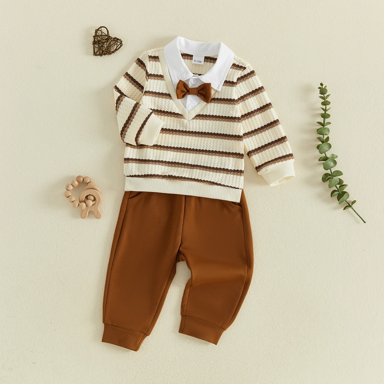 1-4Y Toddler Kids Boy Fall Outfit Stripe Print Lapel Long Sleeve Sweatshirt Pants Boys Formal Genltman Clothing Set