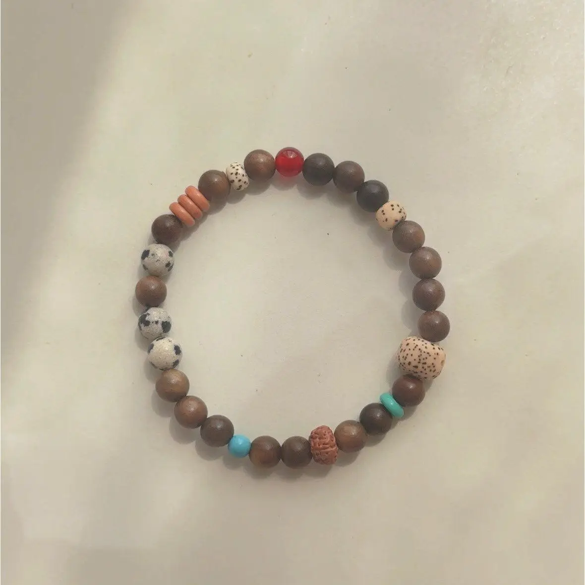Chinese Style Lucky Wood Element Blessing 18 Beads Multi Gemstone Bracelet Green Sandalwood Red Agate Turquoise Bodhi Seed Olive