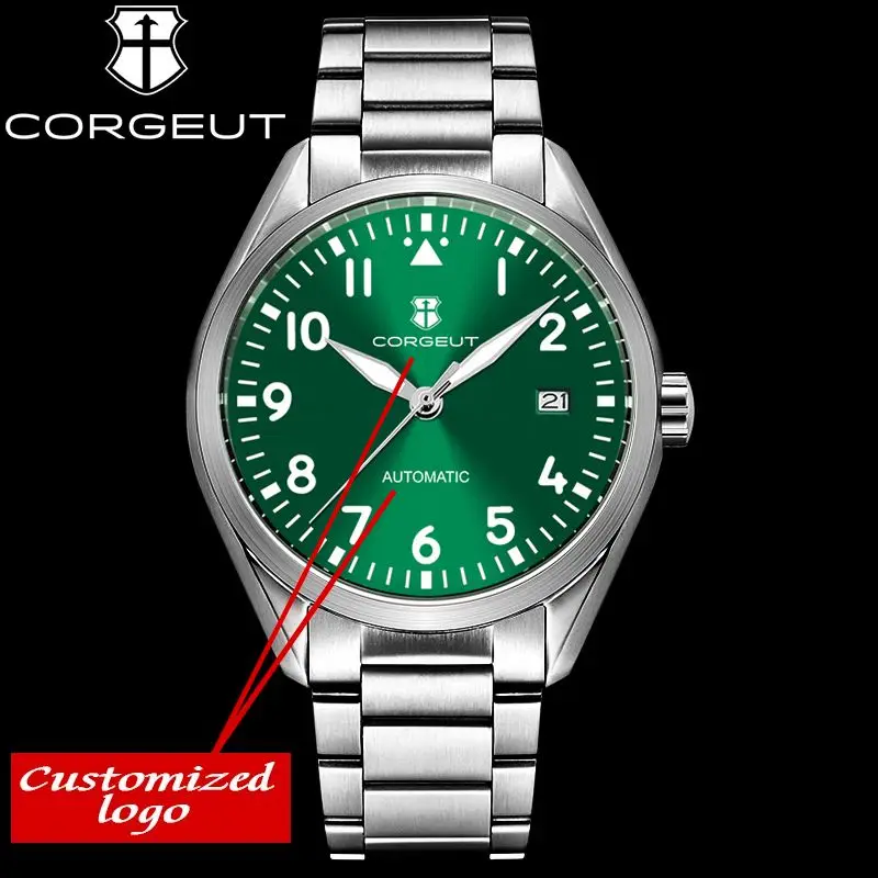 Reloj Corgeut de 41mm con logotipo personalizado para hombre, reloj de pulsera mecánico automático NH35 de lujo, reloj de pulsera con correa de acero de zafiro para hombre