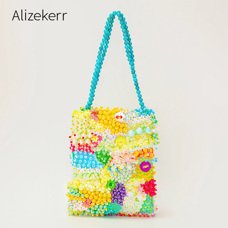 Kawaii Color Flower Beads Beach Handbag Women 2022 Summer New Luxury Designer Handmade Beaded Purse Girls Shoulder Bag Holiday