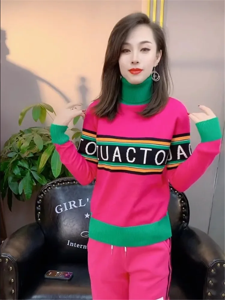 

European and American Winter New Light Luxury Women's High Neck Hoodie with Blue Letter Embroidery Craftsmanship Knitted Sweater