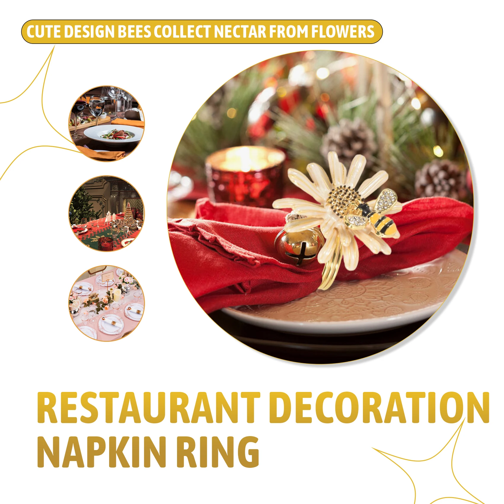 Set of 6 Daisy Sunflower Napkin Rings, Gold Bee Napkin Ring Holders for Formal or Casual Dinning Table Decor