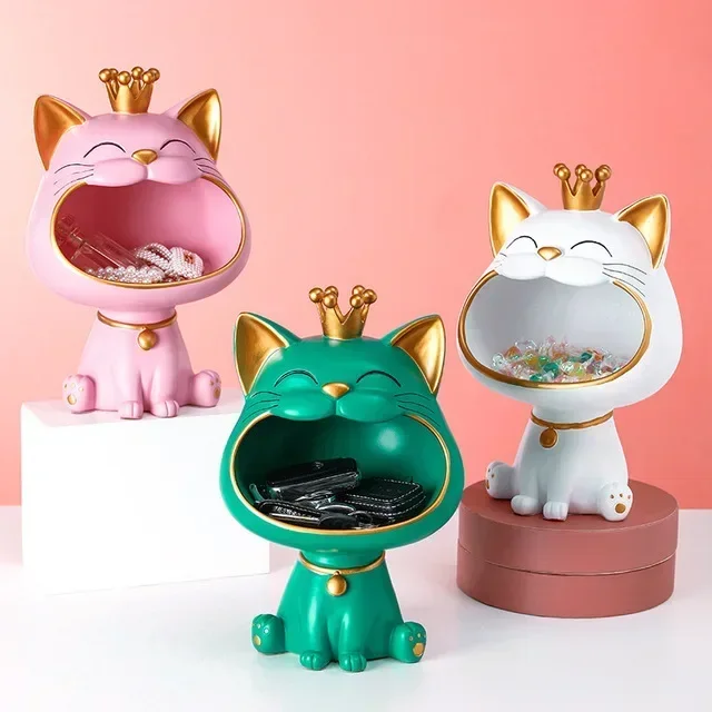 

Lucky Big Mouth Cat Sundries Storage Box Resin Statue Home Table Sculpture Decoration Living Room Desk Miniature Figurines Decor