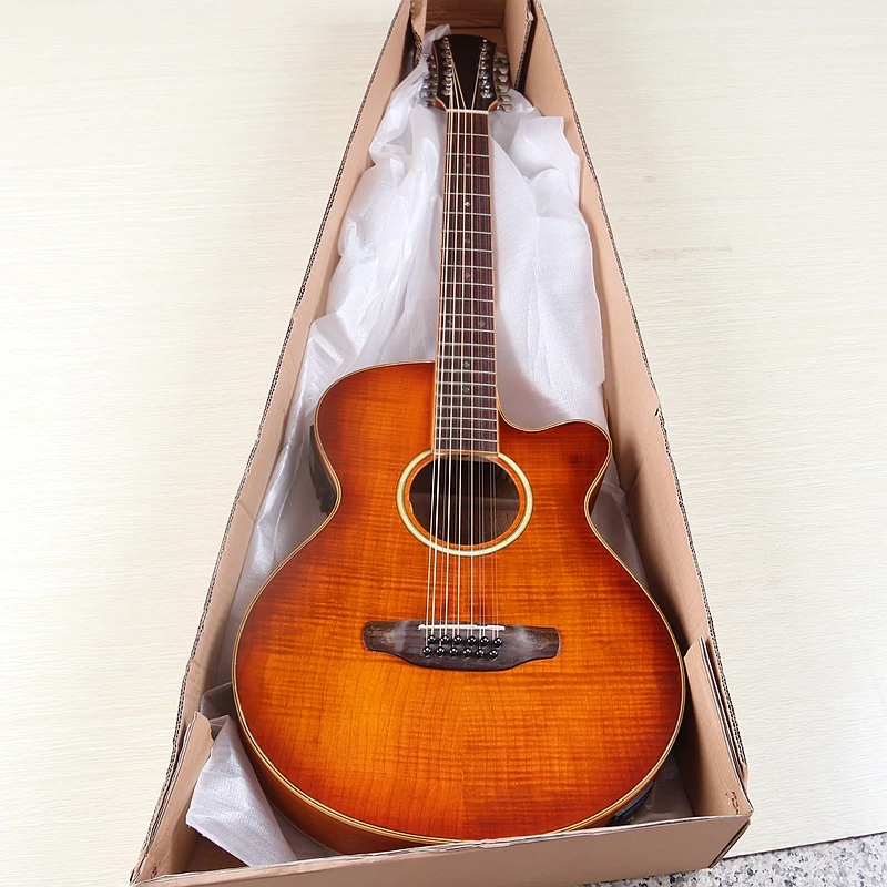 12弦エレクトリックアコースティックギター フレイムオークトップ 40インチ カッタウェイデザイン EQ付き フォークギター 欠陥あり ブラウン&サンバースト&レッド