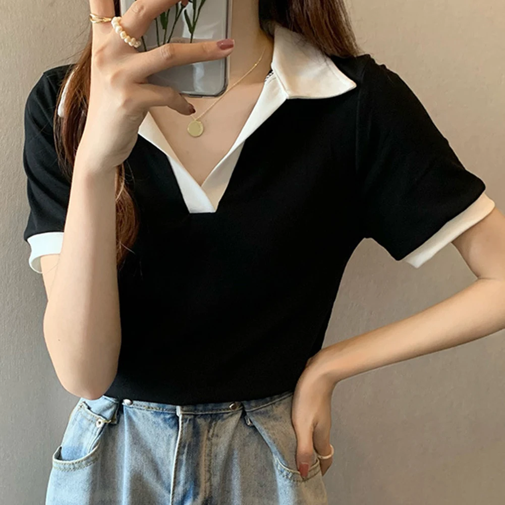 Für den täglichen Gebrauch, Spleißmuster, Bluse, Revers, kurze Ärmel, ideal für lässige Ausflüge, L-Büste, 76–90 cm, Alltagskleidung, lässiges Revers-Oberteil