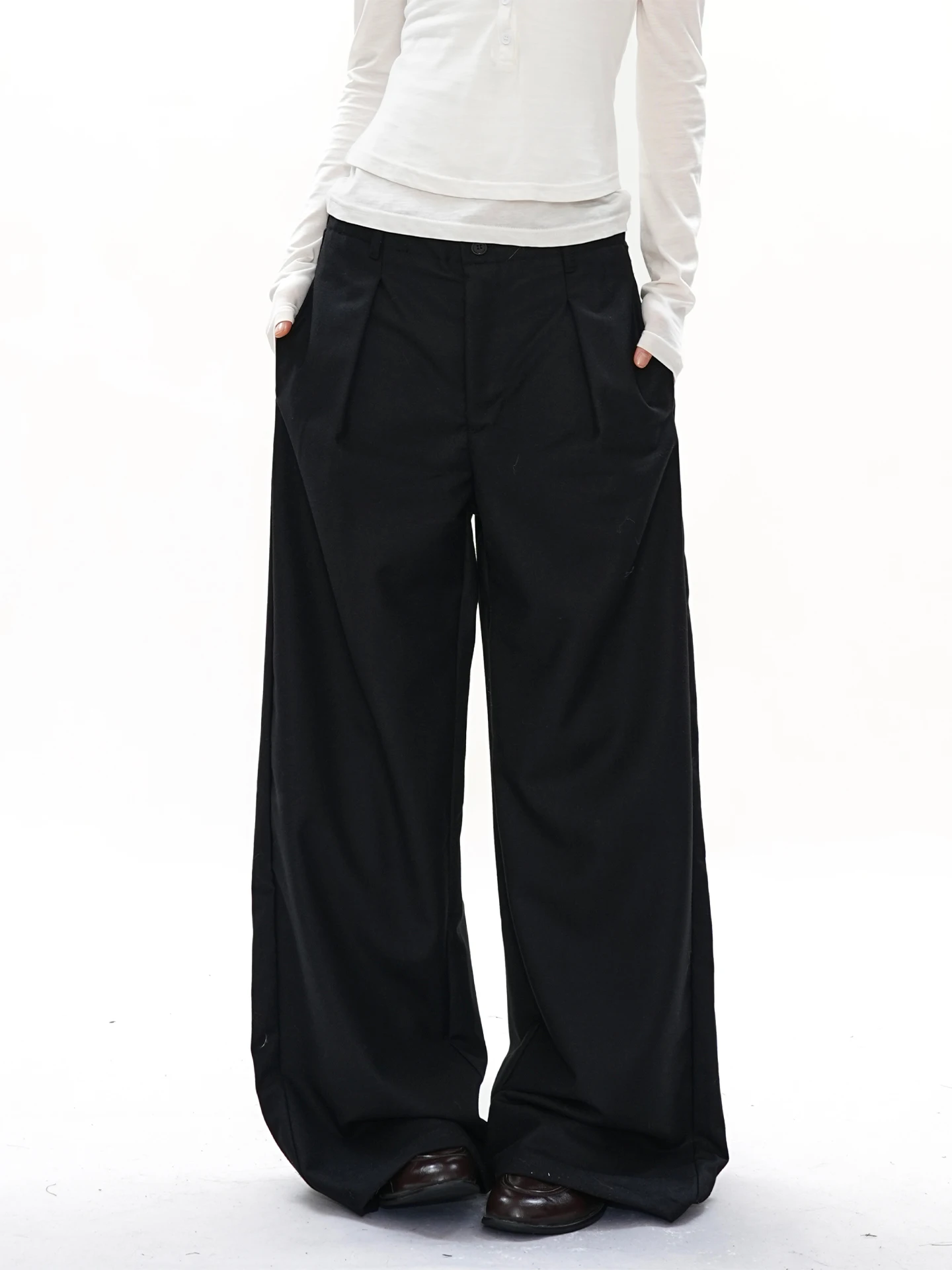 

S3T5 Autumn Winter Men's Loose Wide Leg Bla Woolen Trousers A-Line Casual Commuter Pants Ele Vintage Sle Straight Cut