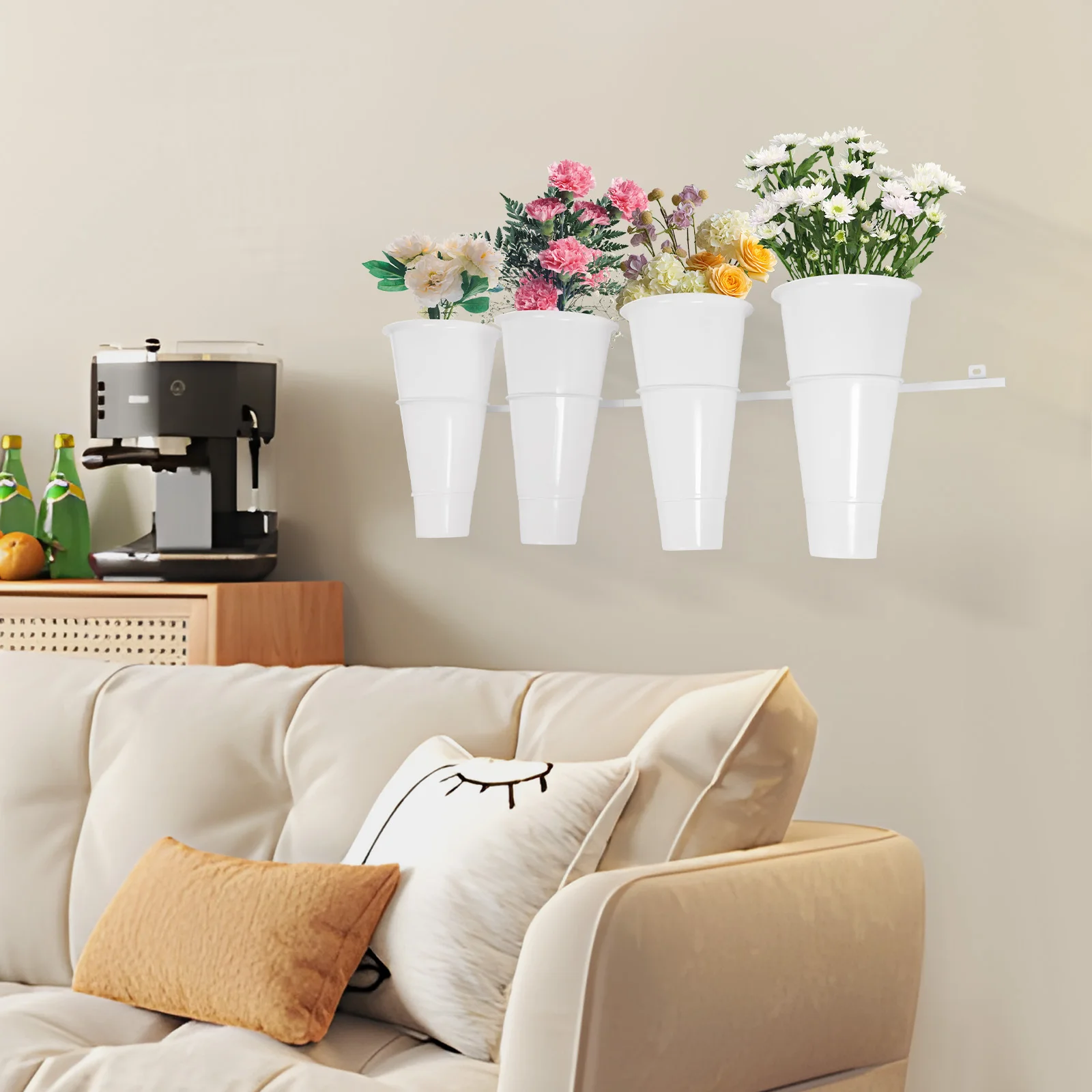 

White Wall-Mounted Flower Stand For Homes/Florists/Weddings - Space-Saving Design, Removable Buckets For Easy Clean