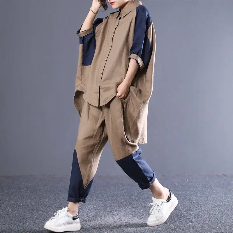 

Spring Summer New Loose Cotton Linen Spor Two-Piece Set Trendy Korean Sle Artistic Color Blo Women's Faion Ensemble