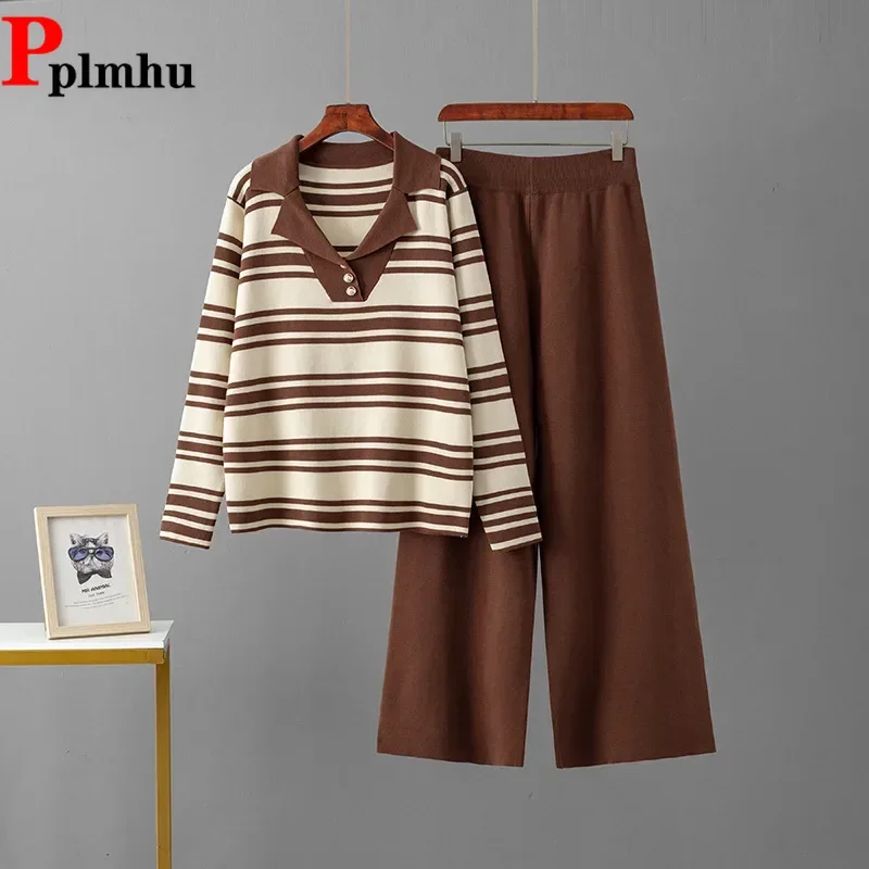 

Корейский дизайн, вязаный комплект из 2 предметов, женский вязаный полосатый свитер с лацканами и воротником, пуловер, топы, спортивные штаны с высокой талией, наряд