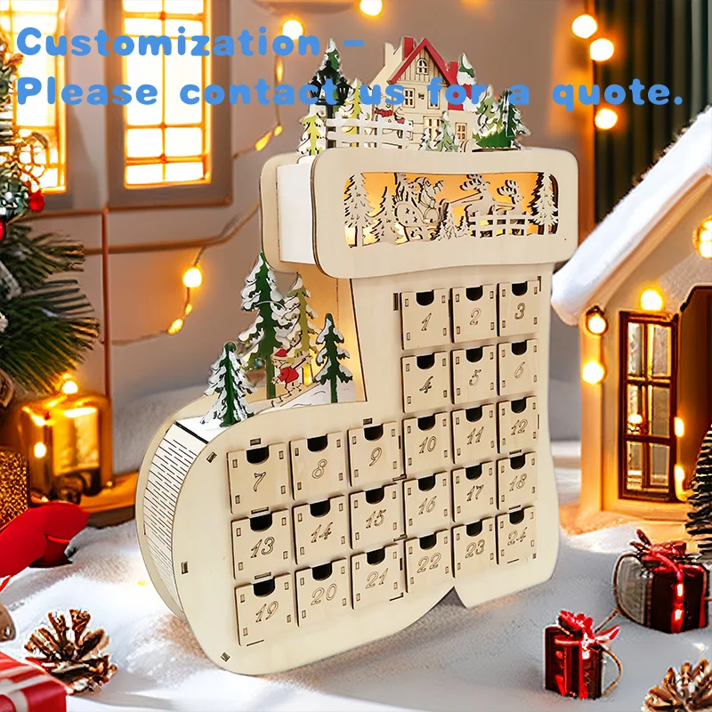 custom.Wooden Advent Calendar With 24 Drawers Wooden Laser Cut Scene and Light up