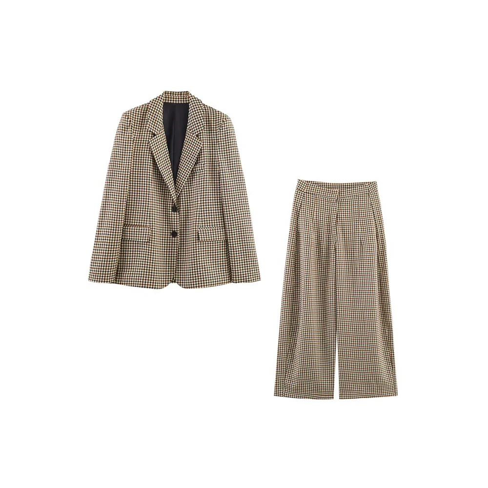 

Autumn new women's fashion plaid straight-cut suit jacket and high-waisted pants