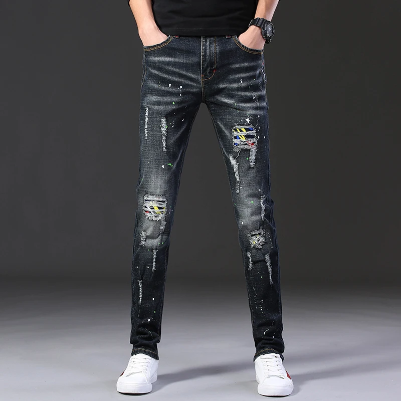 Trendy Men's Slim Fit Jeans New Breathable Cotton Blend Ripped Skinny Pants Streetwear Urban Fashion Casual Slim Denim Trousers