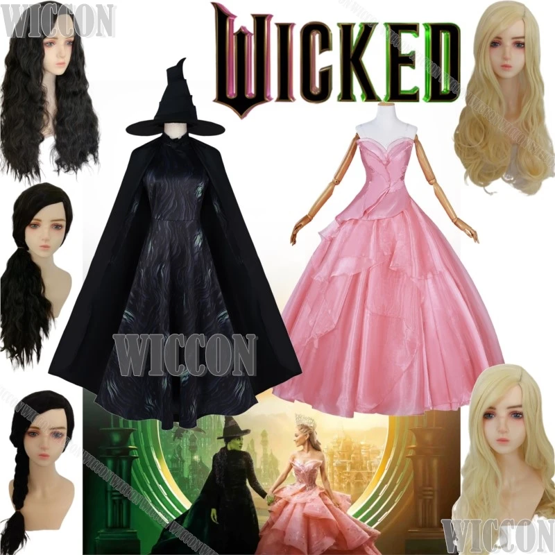 Glinda Elphaba Wicked Galinda  Cosplay Costume Prop Black Blonde Wig Witch Pink Dress Black Suit Women Girl Holloween Customized