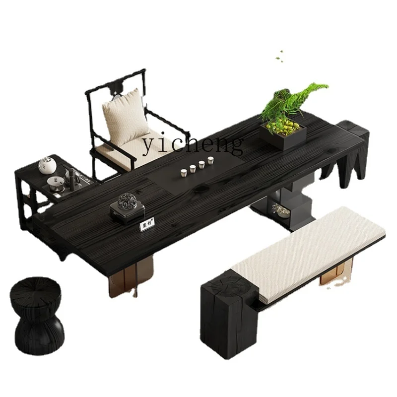 Tqh Quiet Style Tea Room Reception Tea Table Carbon Black Solid Wood Large Board Tea Table and Chair Combination