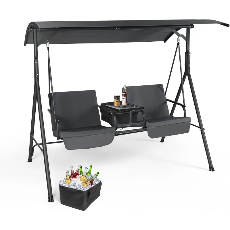 2 Seat Outdoor Patio Swing Chair, Canopy Swing with Cooler Removable Cushion and Weather Resistant Steel Frame