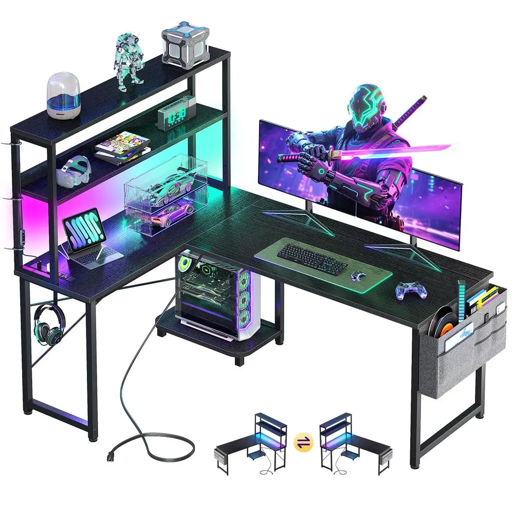 L Shaped Gaming Desk with LED Light amp Power Outlet, 53 Inch Reversible L Shaped Table with Shelves, Computer Desk with Storage