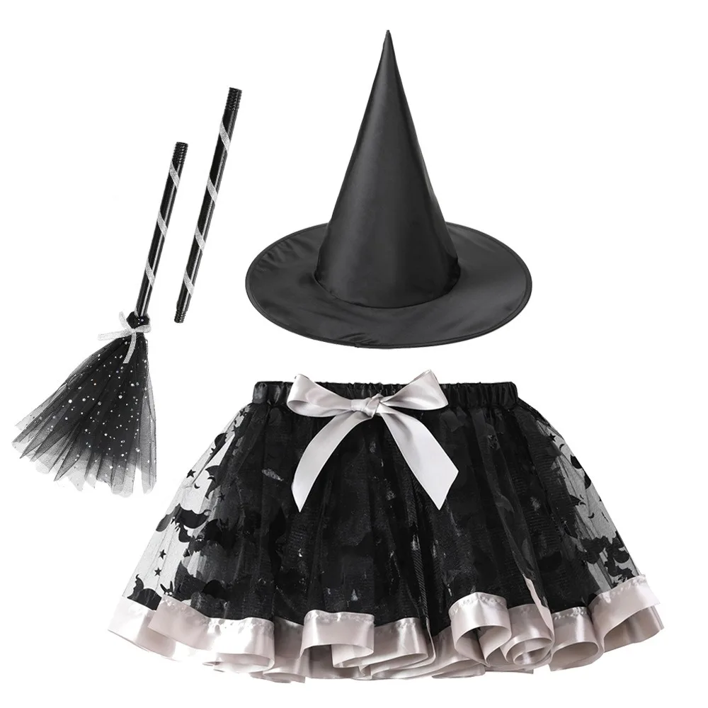 

Gothic Kids Halloween Costume Wand with Hat Halloween Tutu Dress Broom Novelty Halloween Children's Witch Dress Cos Props