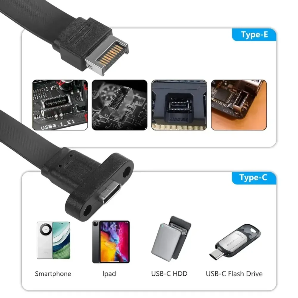 20Gbps 100W PD 4K Video Type‑E to USB‑C Female Adapter Cable USB3.2 Gen2 Front Panel Converter With Panel Mount Screw 30/50CM