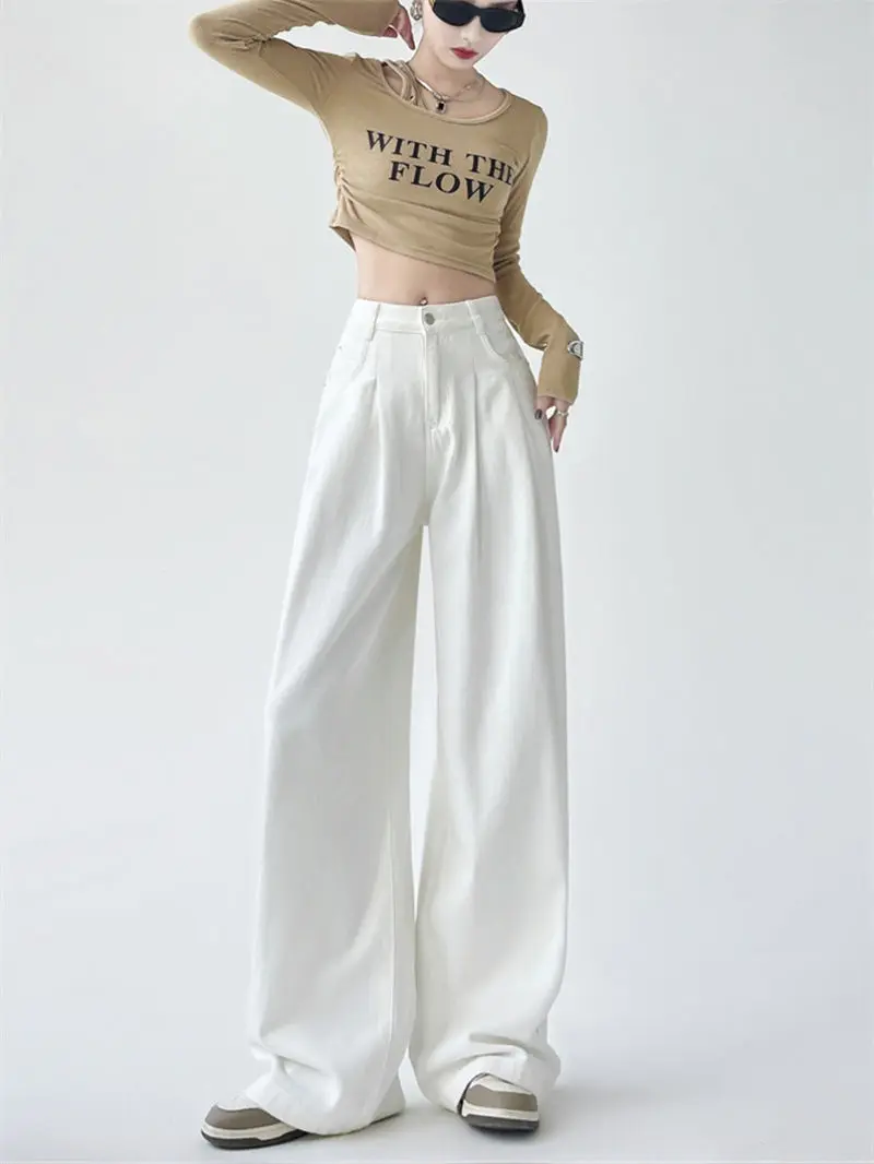 

White High-Waist Pleated Wide-Leg Jeans For Women With A Summer Premium Feel And Loose Straight-Leg Drape