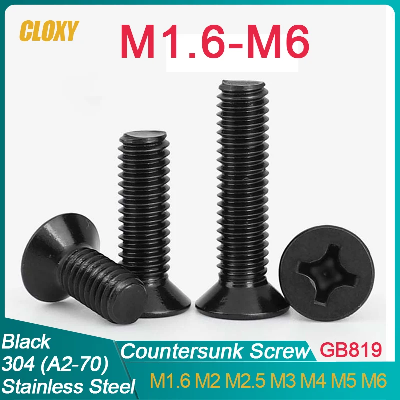 10 ~ 100 Stück M1,6 M2 M2,5 M3 M4 M5 M6 Mini kleine schwarze 304 Edelstahl Phillips Flachsenkkopfschraube Bolzen für Laptop PC
