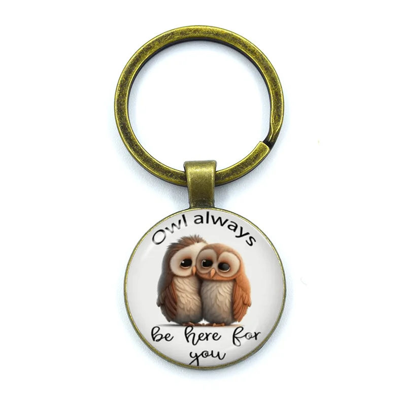 2023 Cartoon BE HERE FOR YOU Owl Keychain Fashion Simple Cartoon Glass Cabochon Keychain Car Bag Jewelry Accessories Gifts