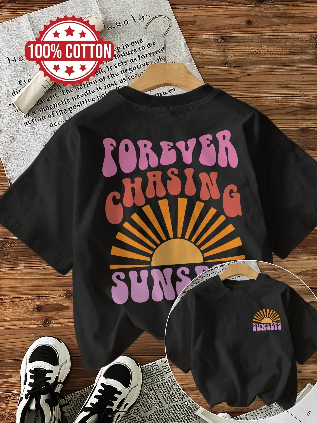 Funny 100% Cotton Forever Chasing Sunsets T-Shirts Female T Shirts Egirl Korean Fashion Graphic Tees Tops Women Clothing