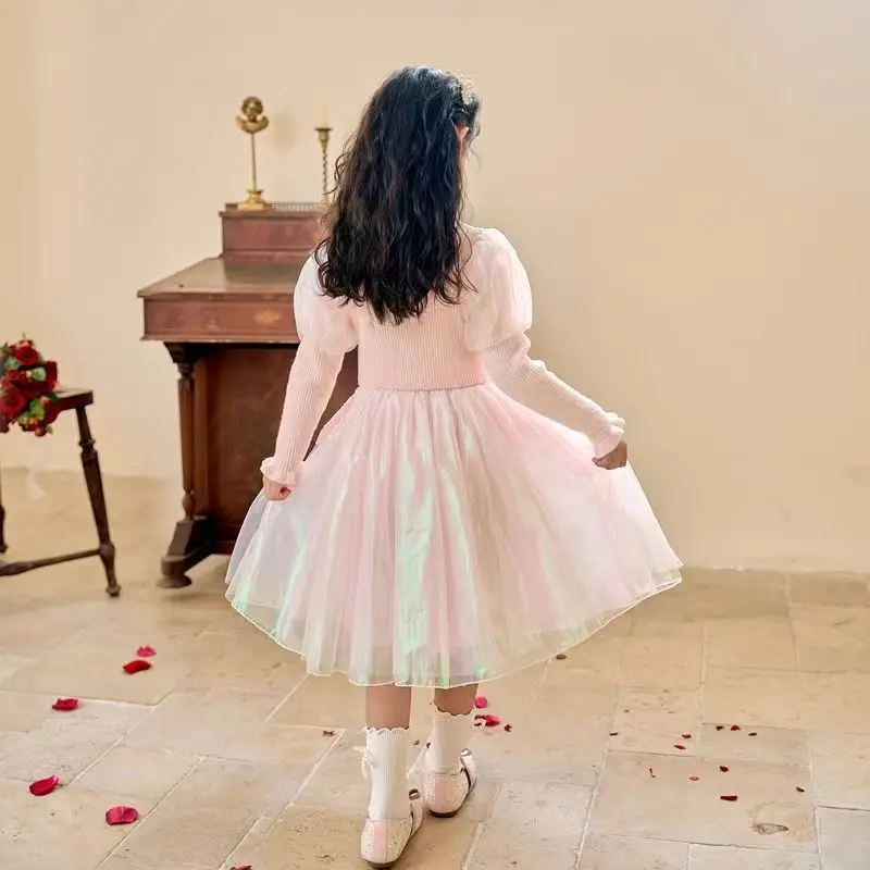 Girls\' Dress Autumn and Winter Fashionable Princess Dress Bow Woolen Skirt Girls Sequins Tulle Skirt