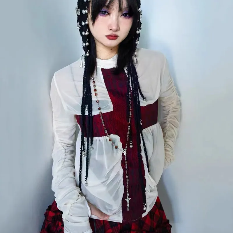 Karrcat Gothic Mesh Tops Punk Style Scarlet Cross See Through T-shirts Grunge Mall Goth Harajuku Sheer Tops Emo Alt Clothes Y2k