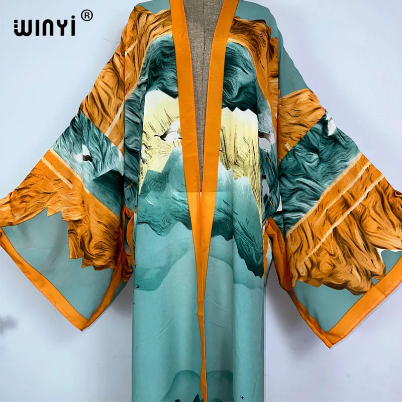 Winyi Kimono Zomer Afrika Boho Print Vrouwen Vest Elegant Boho Maxi Sexy Strandkleding Cover Up Vestidos Longos Kaftan