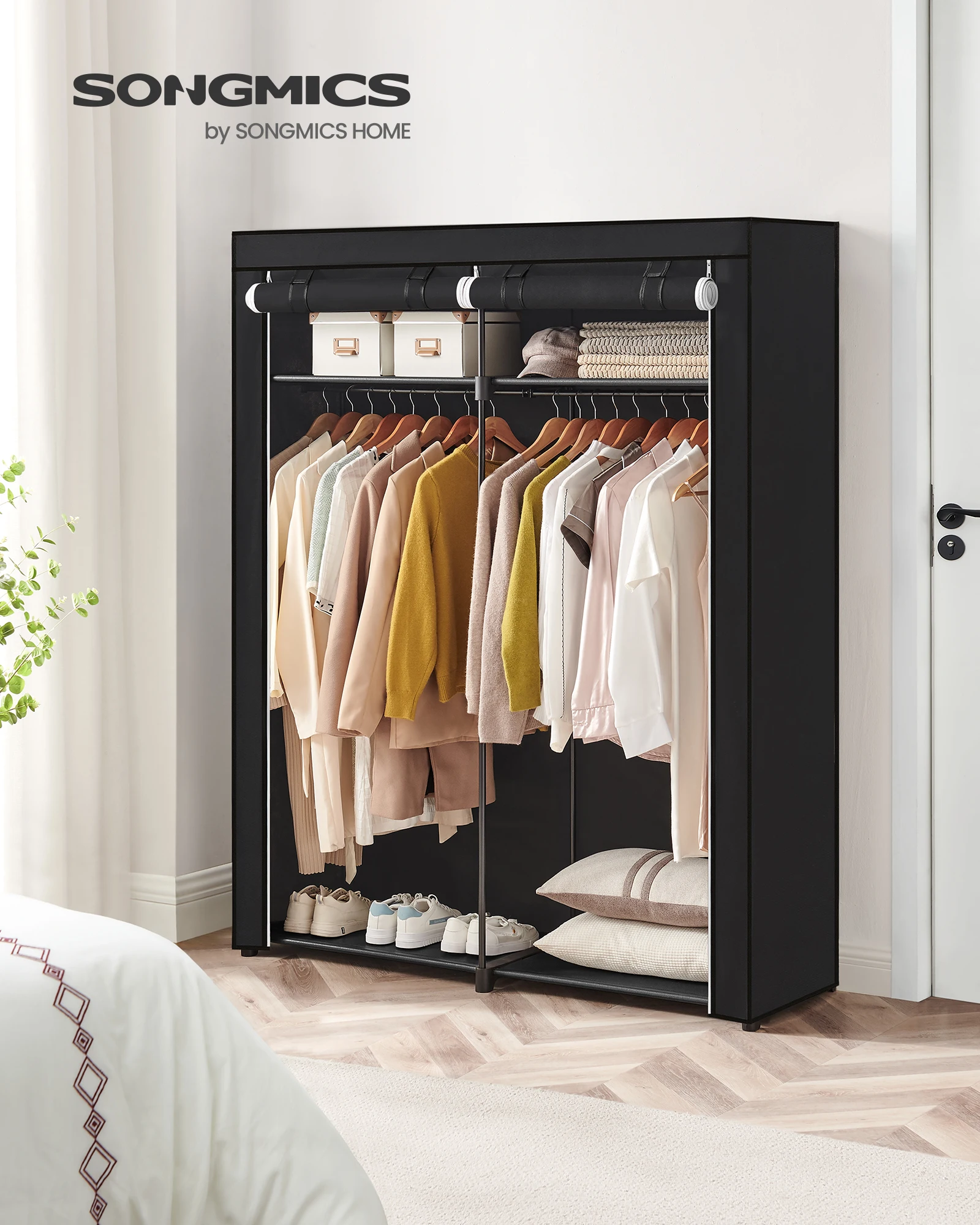 SONGMICS Wardrobe, Clothes Storage Wardrobe for Bedroom with 2 Clothes Rails, Fabric Portable Wardrobe, Collapsible, Closet