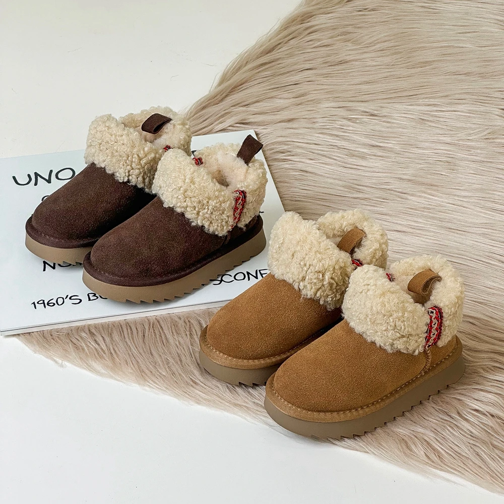 Nuevas botas de nieve de invierno para niños, botas de piel de cordero de cuero esmerilado, además de botas cálidas gruesas de terciopelo para niños y niñas