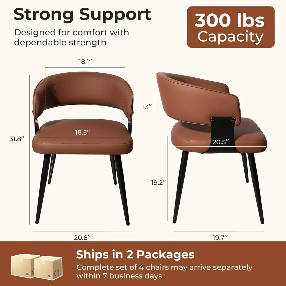 Set of 4 Brown Upholstered Leatherette Dining Chairs with Curved Backs, Ideal for Kitchen or Dining Room, Easy Assembly and Main