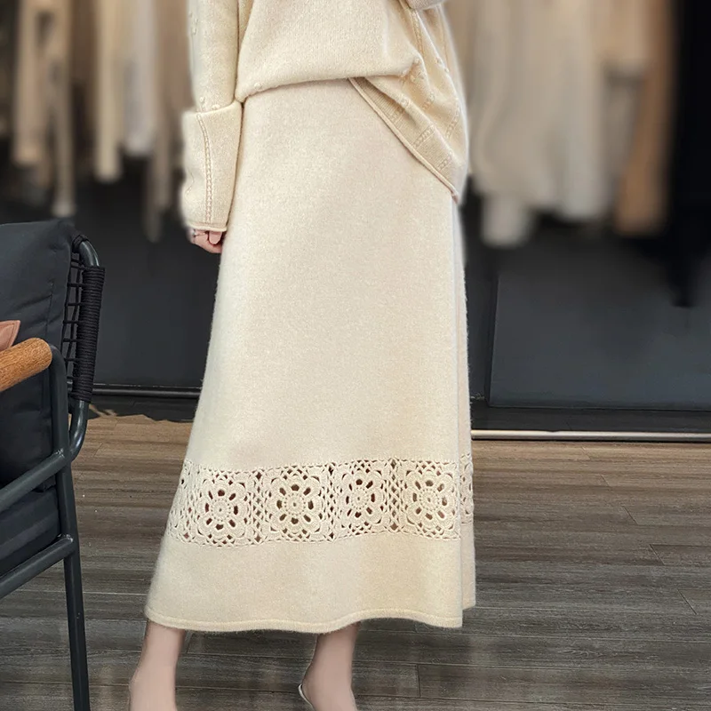 New Women\'s Dress Set 100% Wool Pullover Sweater Hollow out Long Dress High Neck Sweater Warm and Fashion Knitted Two Piece Set