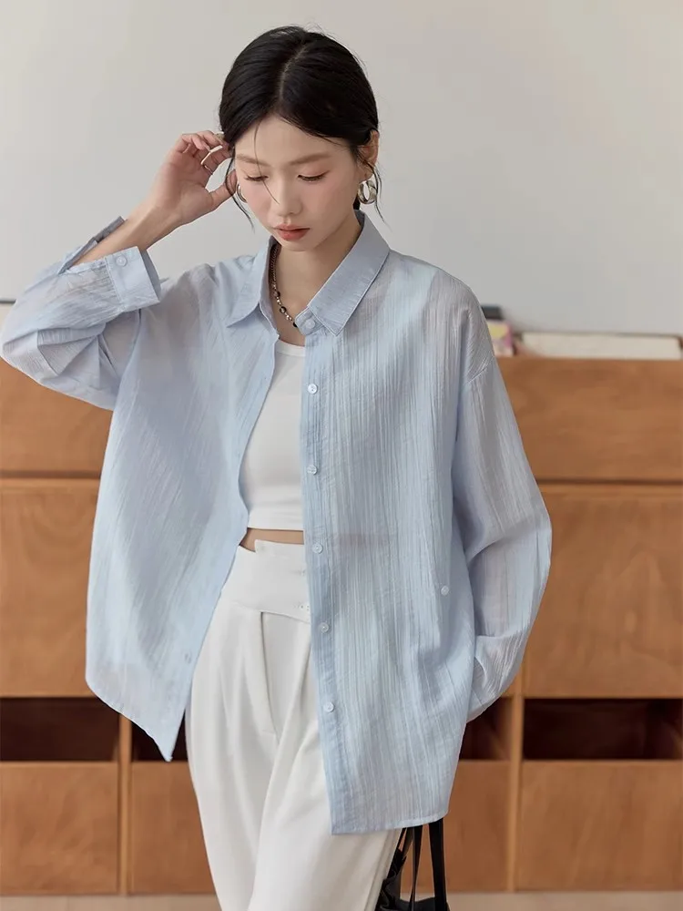 Light Blue Women's Long Sleeve Loose Thin Texture Sun Protection Shirt Summer Trendy Open Cardigan Style Polyester Fiber