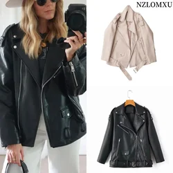 Female Fashion Leather Jackets Turndown Collar Rivet Epaulet Zipper Biker Overcoat Loose Faux Soft Leather Streetwear