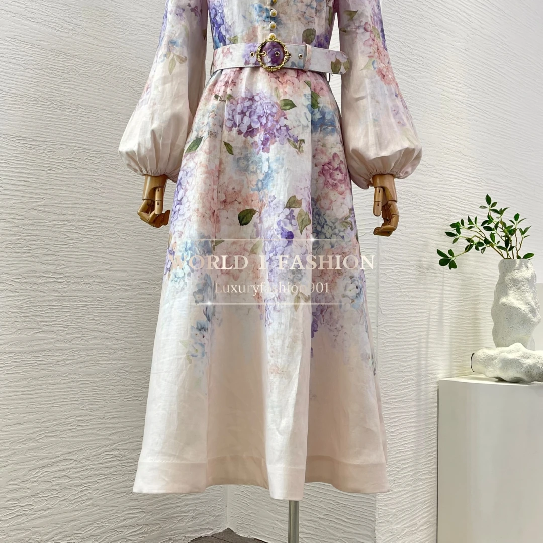 Nouveau Printemps multicolore imprimé fleuri à manches longues col montant robe mi-longue pour les femmes