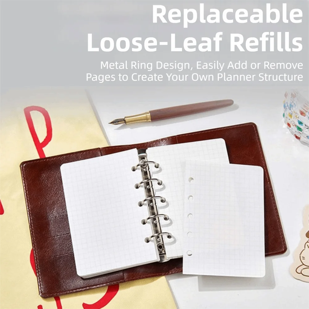 Portable Loose-Leaf Notebook PU Leather Hardcover 80 Sheets Work Record Book 5-Ring with Calculator Binder Notepad School Use