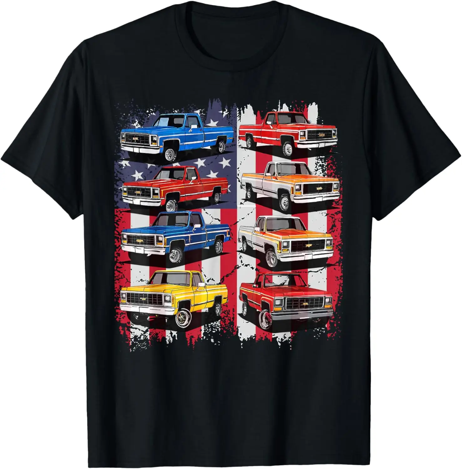 Classic Squarebody Pickup Truck Retro USA Flag Patriotic T-Shirt 100% Cotton Trendy Y2K Short-Sleeve Tee-Soft, Quick-Drying,